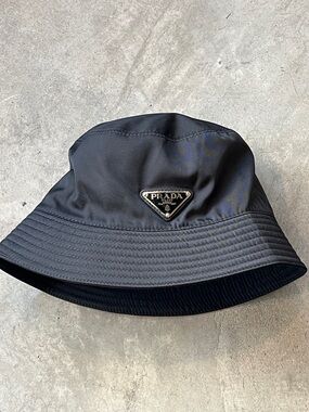 Prada Black Nylon Bucket Hat with Triangular Logo